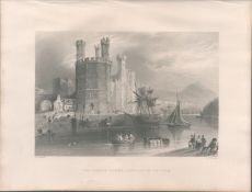 Carnarvon Eagle Tower Wales Antique 1842 Steel Engraving.