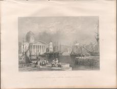 Custom House Liverpool Antique 1842 Steel Engraving.