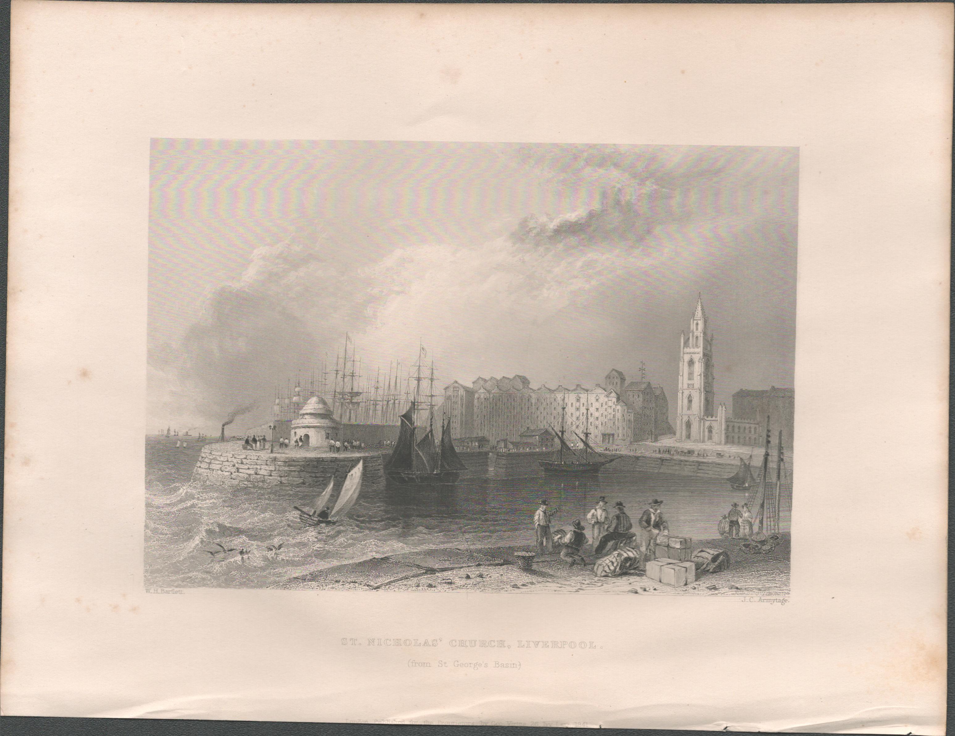 St Nicholas Church Liverpool Antique 1842 Steel Engraving.