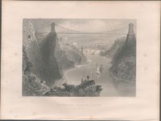 Bristol Clifton Suspension Antique 1842 Steel Engraving.