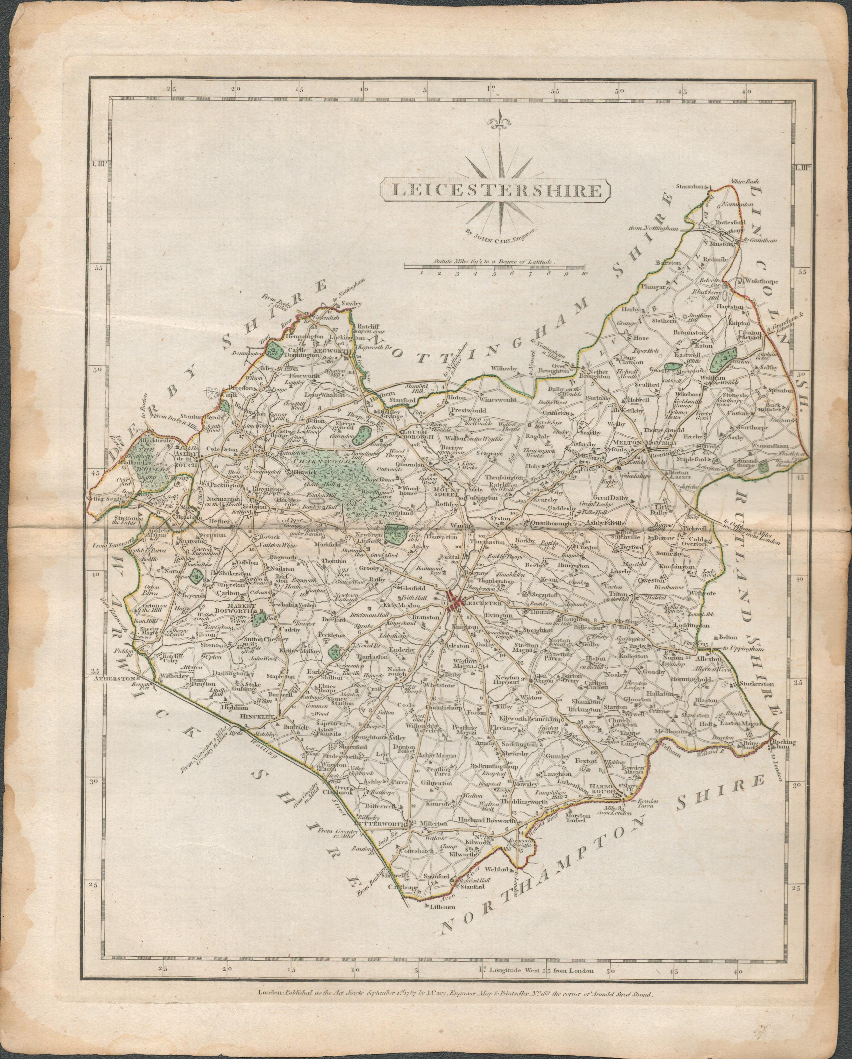 Leicestershire John Cary’s 1787 Antique Hand Coloured Map.