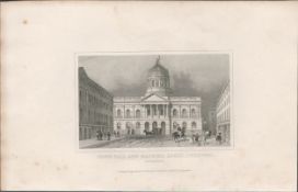 Liverpool Town Hall & Mansion 1850 Antique Steel Engraved Illustration.