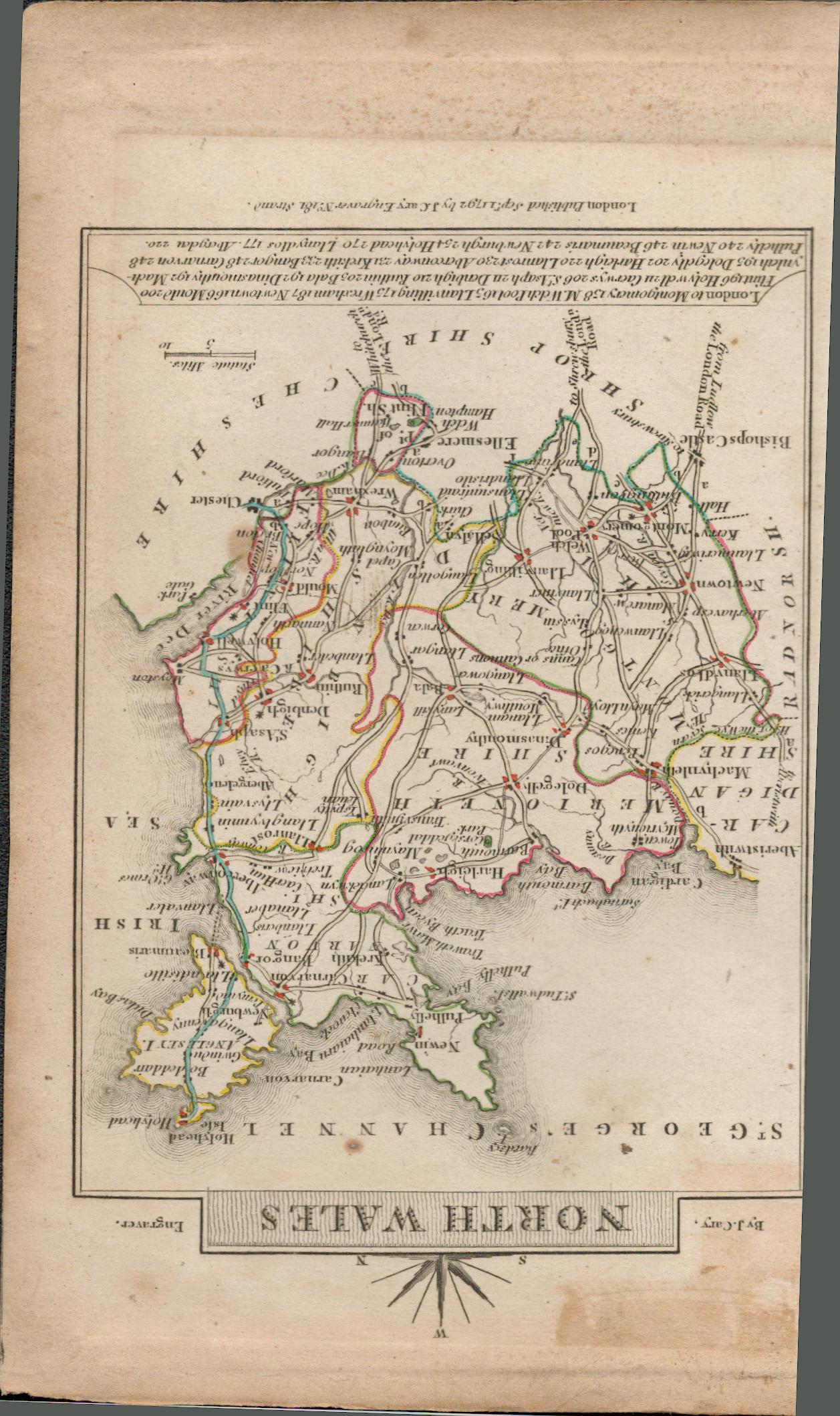 John Cary’s 1791 Antique Copper Engraved Map North & South Wales.