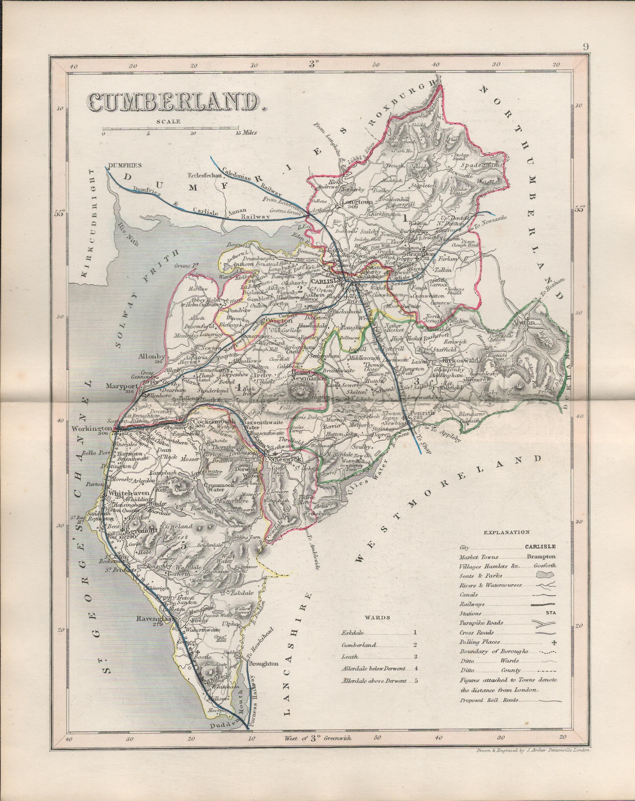 Cumbria 1850 Antique Steel Engraved Map Thomas Dugdale.