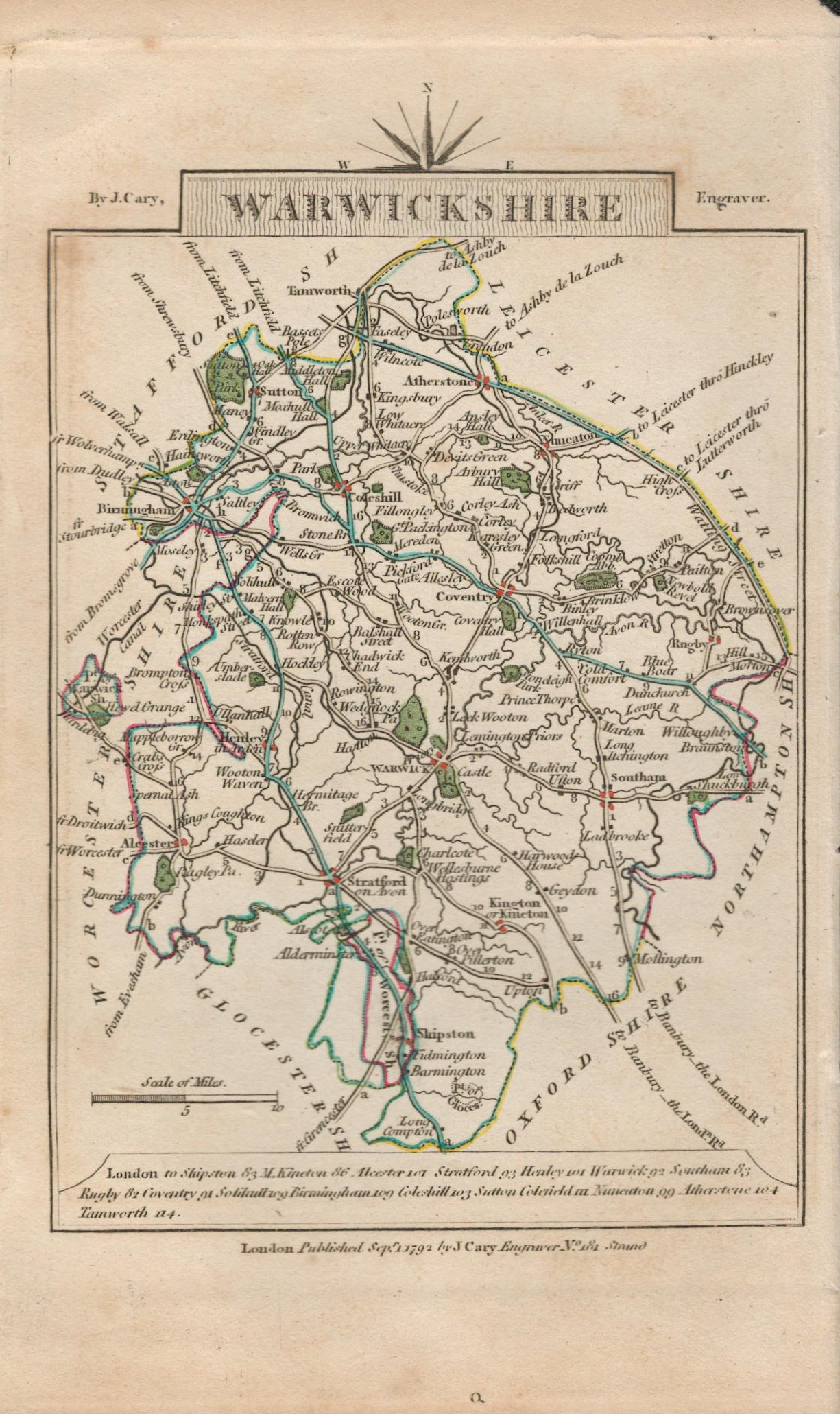 John Cary’s 1791 Antique Copper Engraved Map Sussex & Warwickshire.