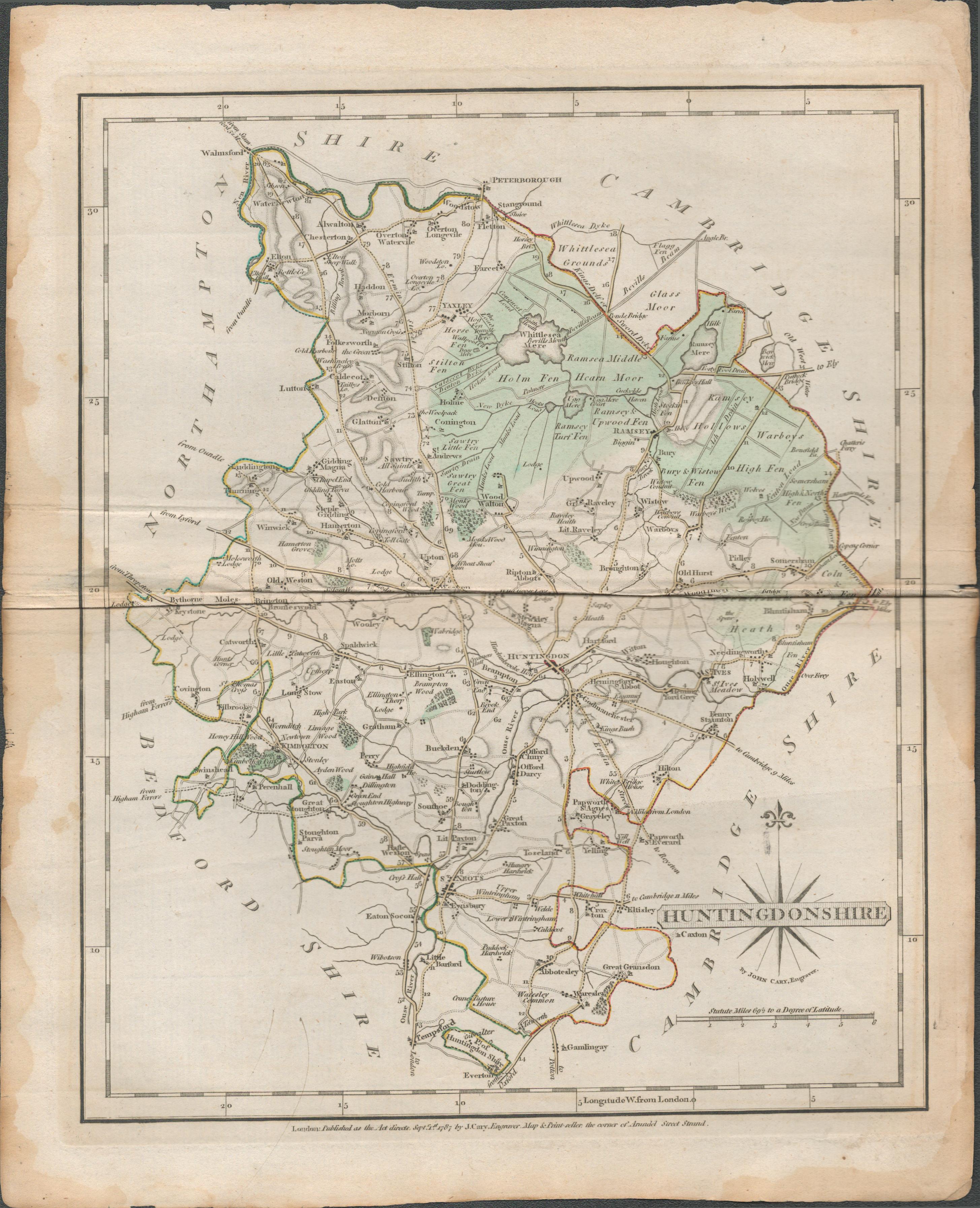 Huntingdonshire John Cary’s 1787 Antique Hand Coloured Map.