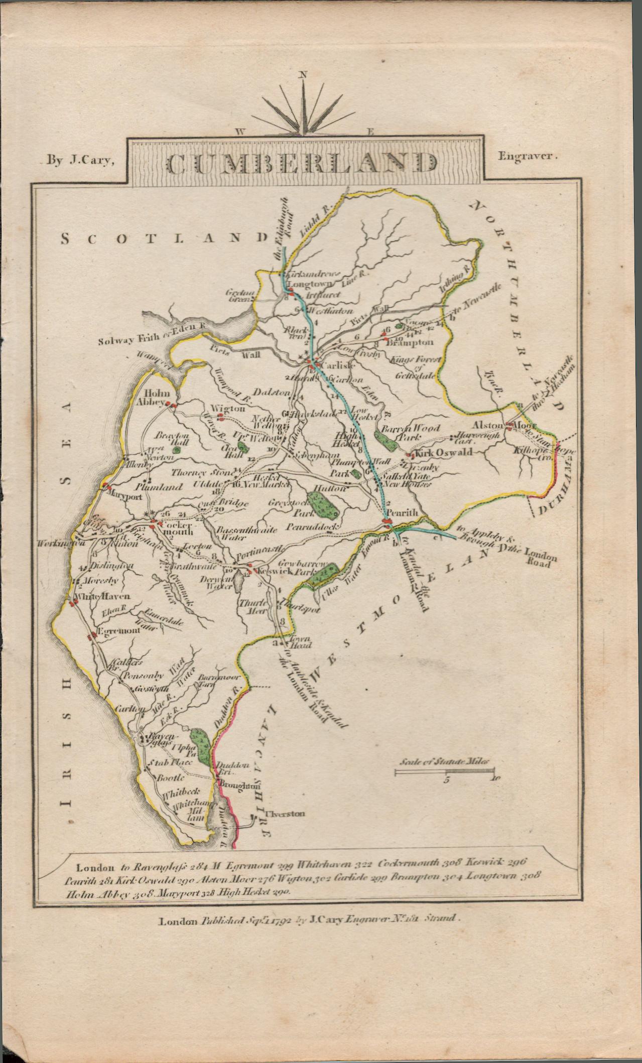 John Cary’s 1791 Antique Copper Engraved Map Cumberland & Derbyshire.