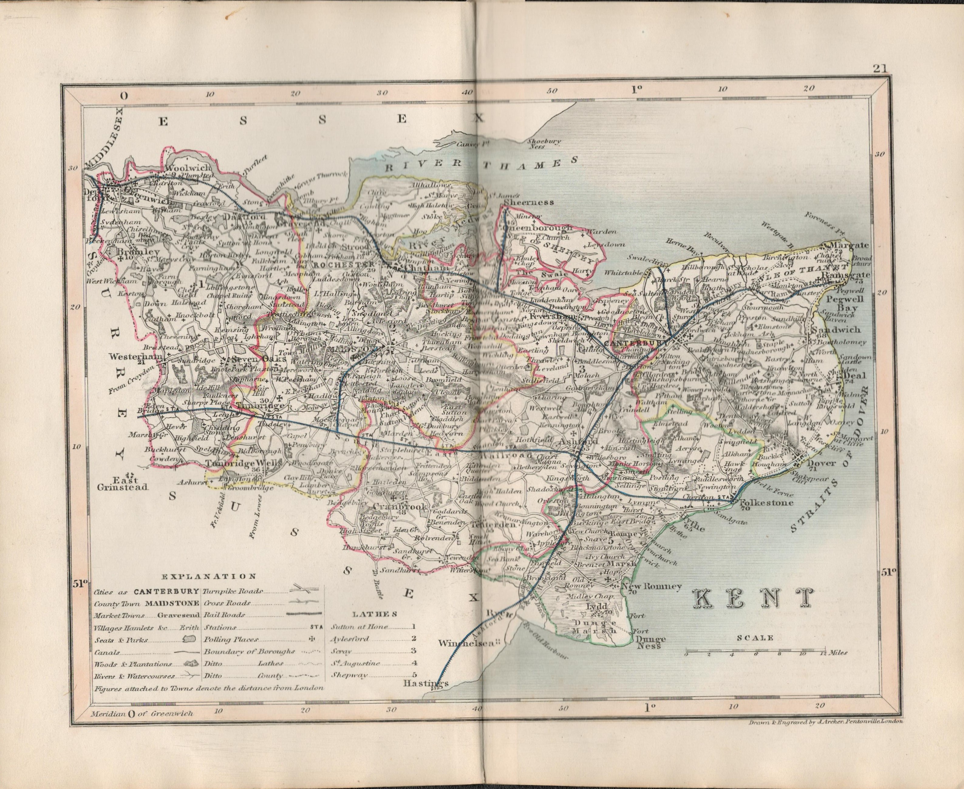 Kent 1850 Antique Steel Engraved Map Thomas Dugdale.