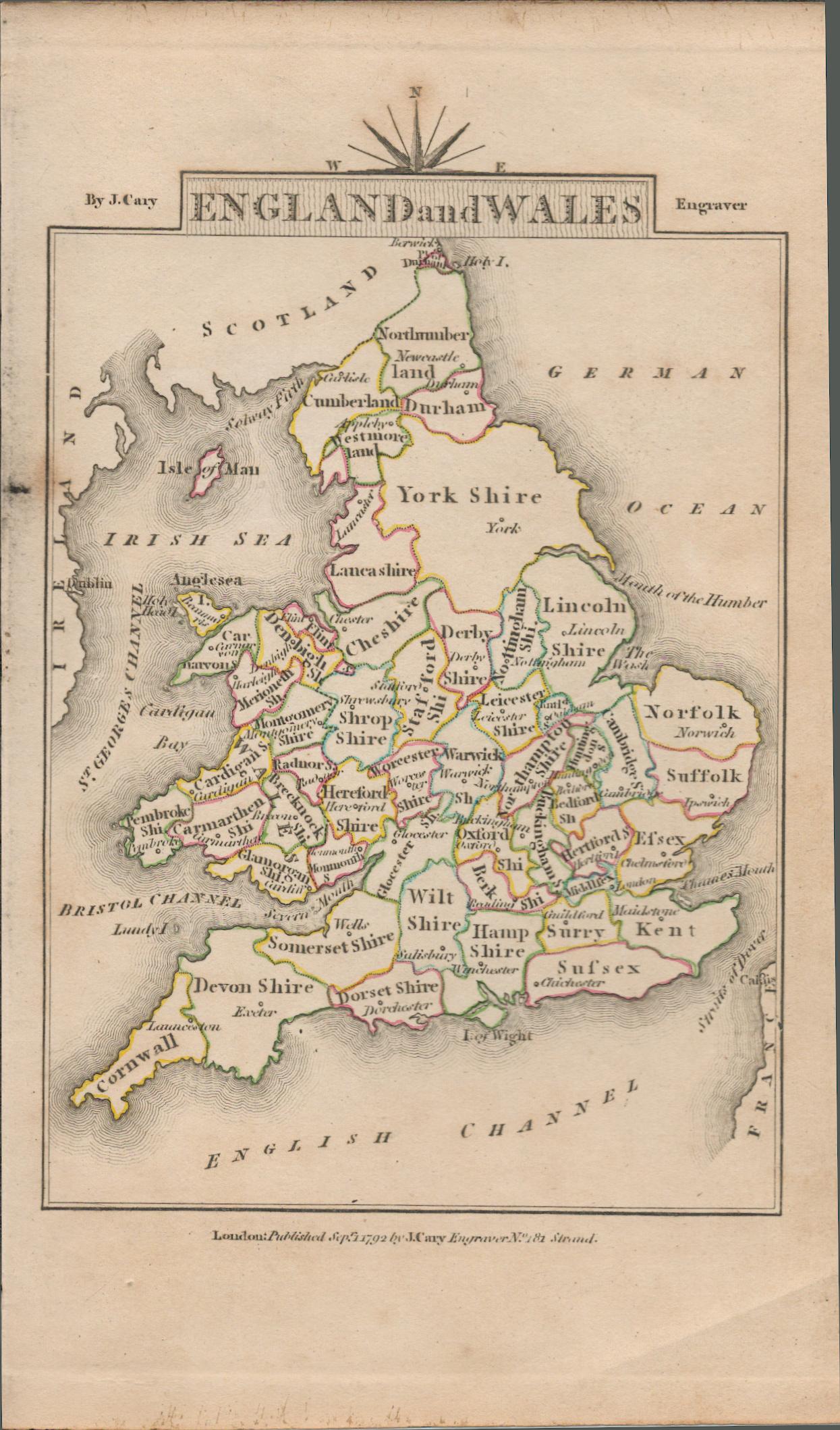 John Cary’s 1791 Rare Copper Engraved Map England and Wales