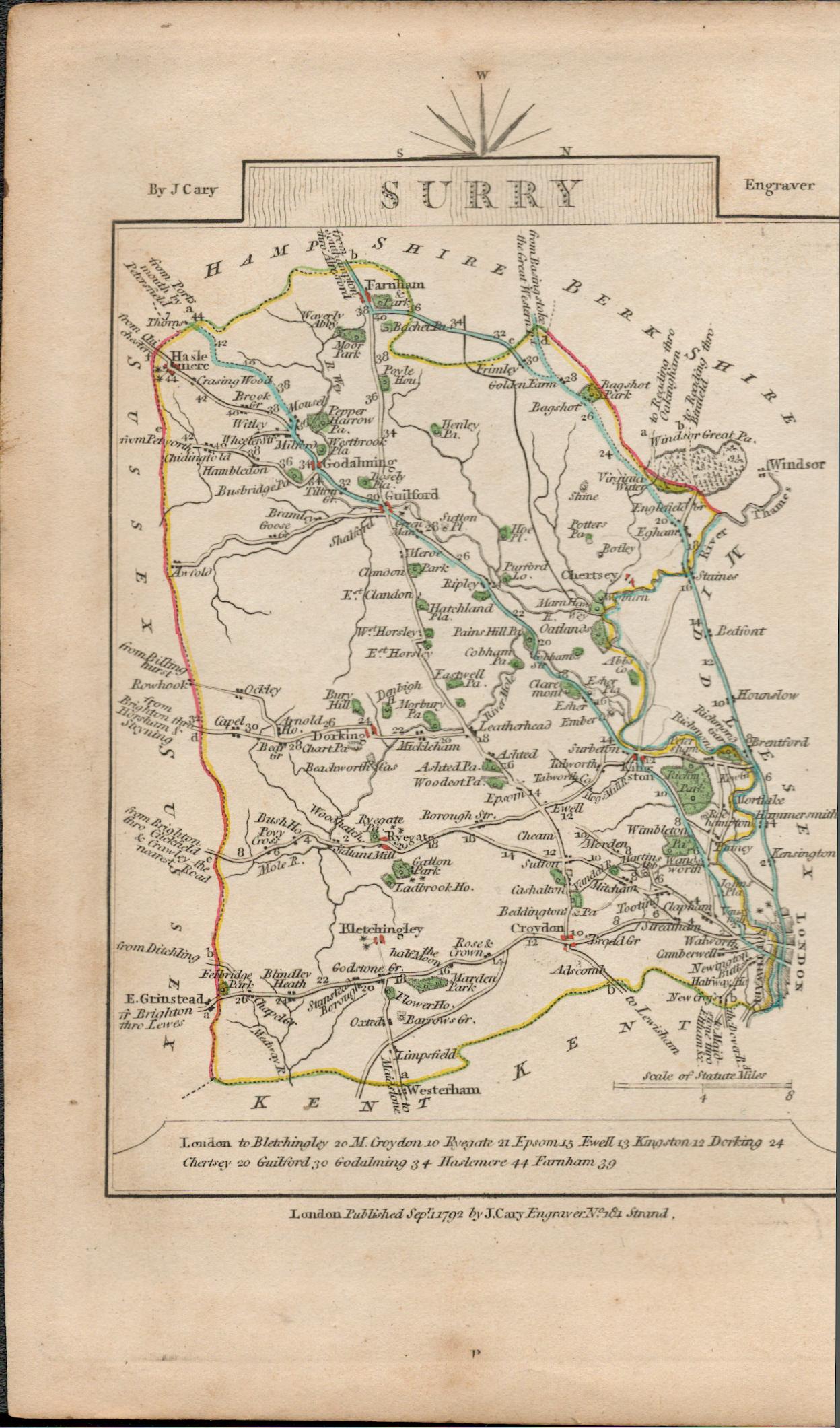 John Cary’s 1791 Antique Copper Engraved Map Surrey & Suffolk. - Image 2 of 2