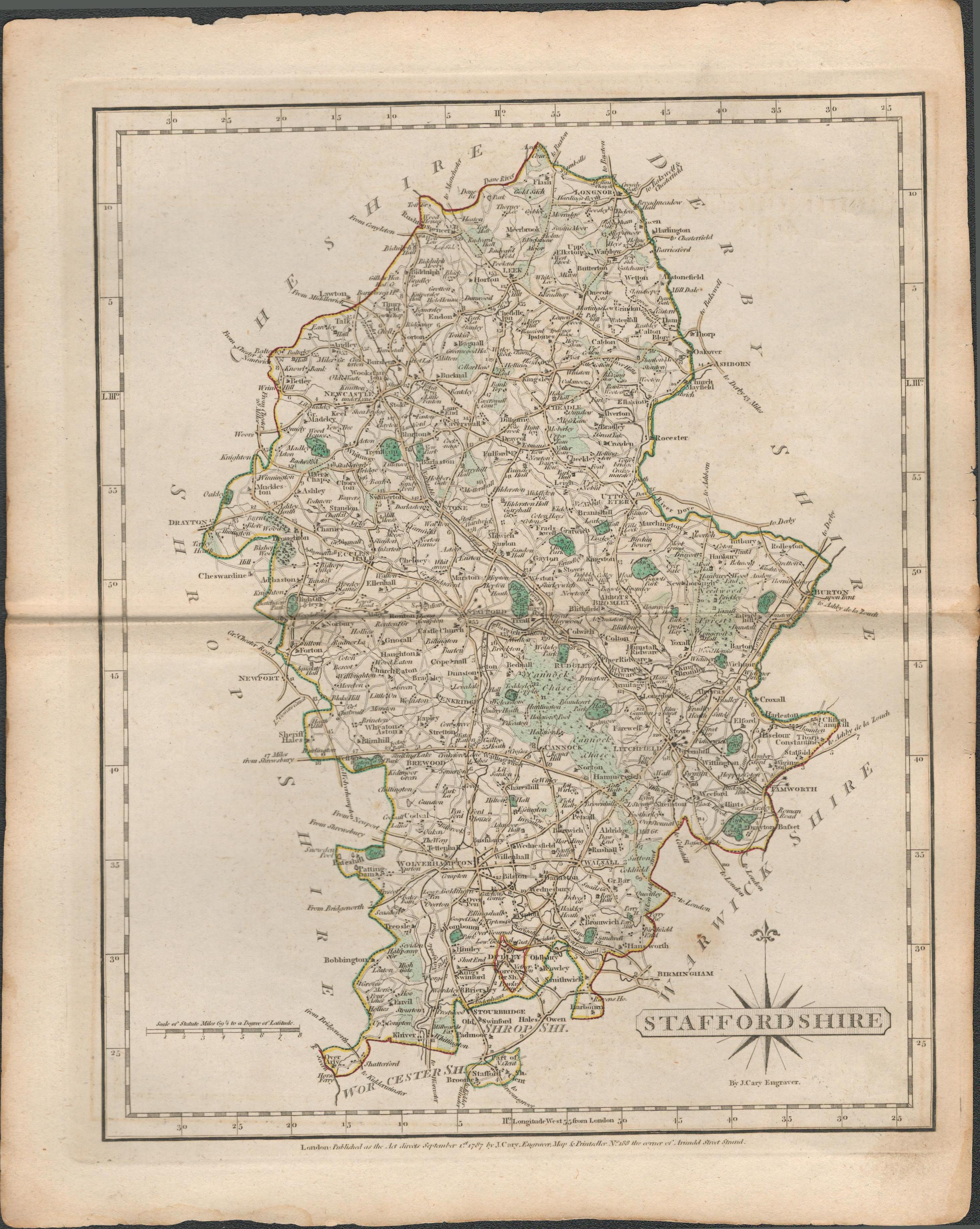 Staffordshire John Cary’s 1787 Antique Hand Coloured Map.