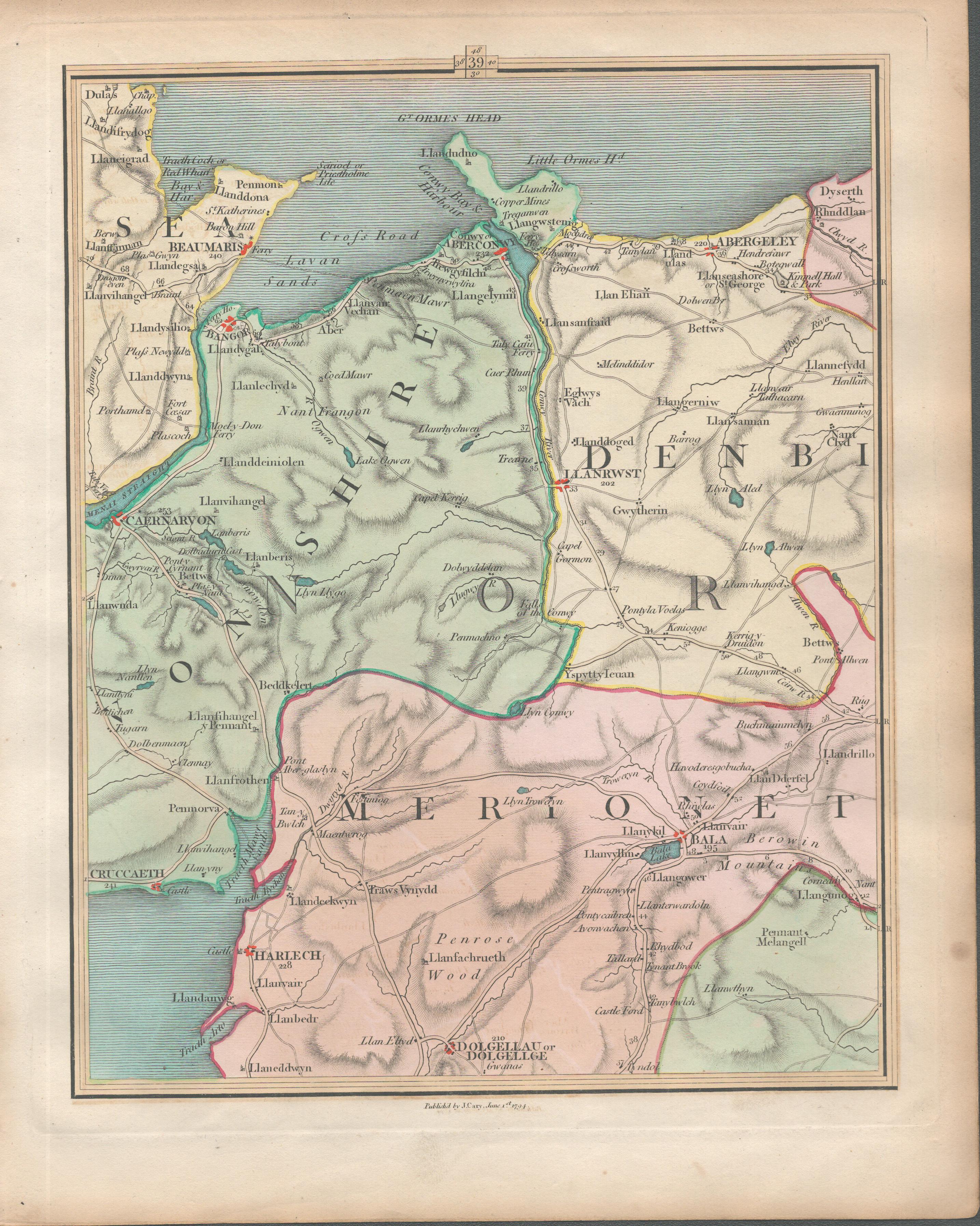 Snowdonia Bangor Caernarfon Bala Conwy John Cary’s Antique 1794 Map