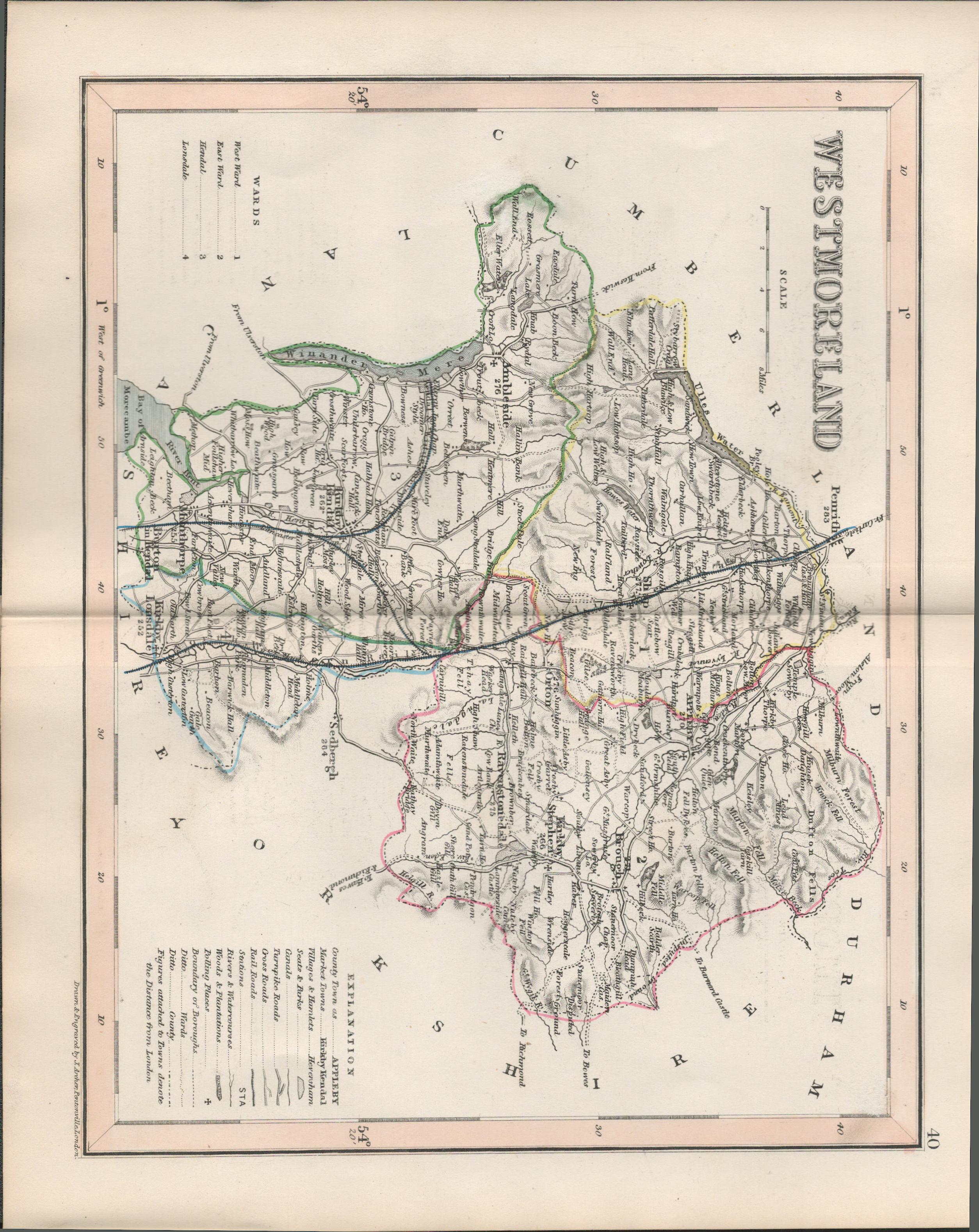 Westmorland 1850 Antique Steel Engraved Map Thomas Dugdale.