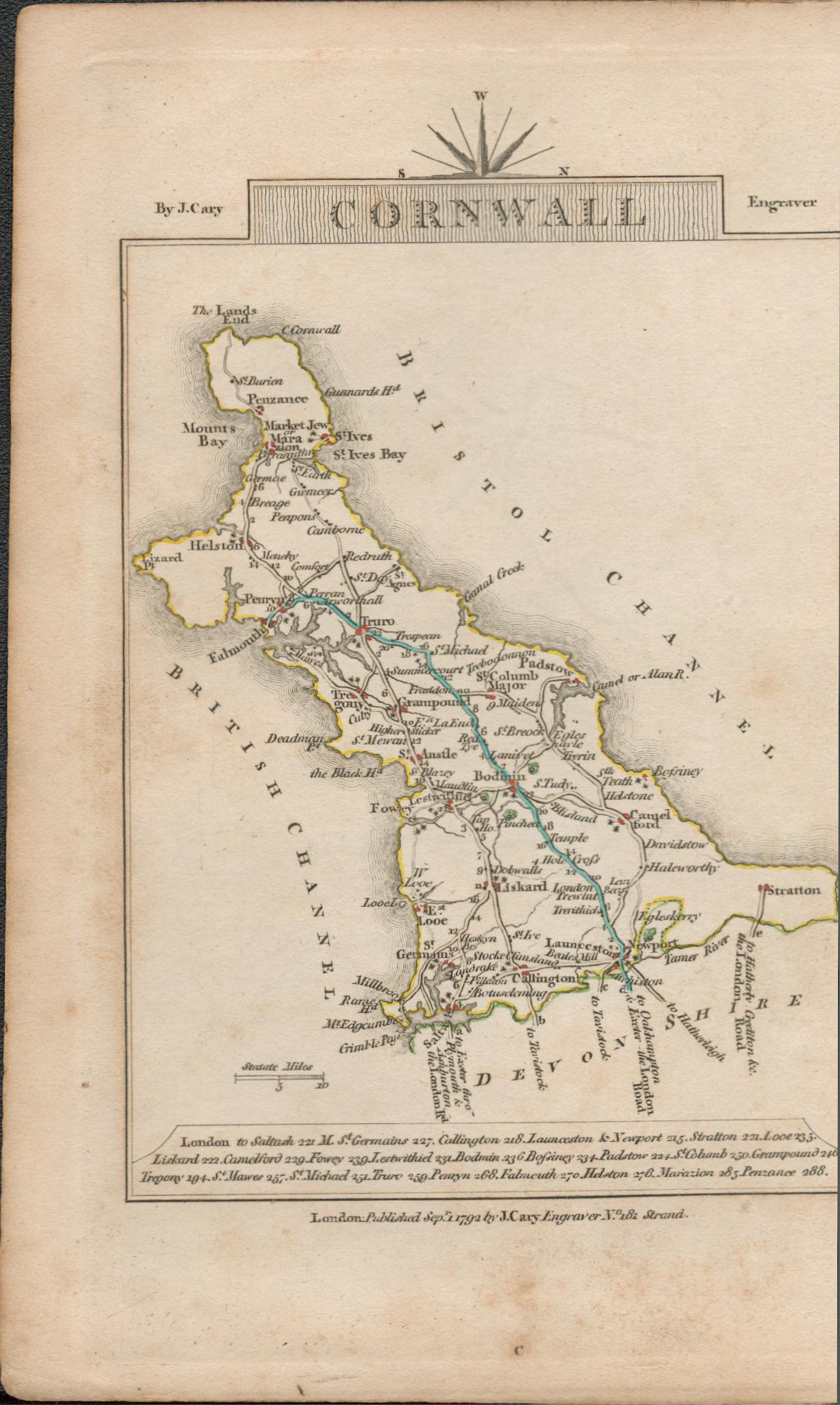 John Cary’s 1791 Antique Copper Engraved Map Cornwall & Cheshire.