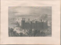 Carnarvon Castle Wales Antique 1842 Steel Engraving.