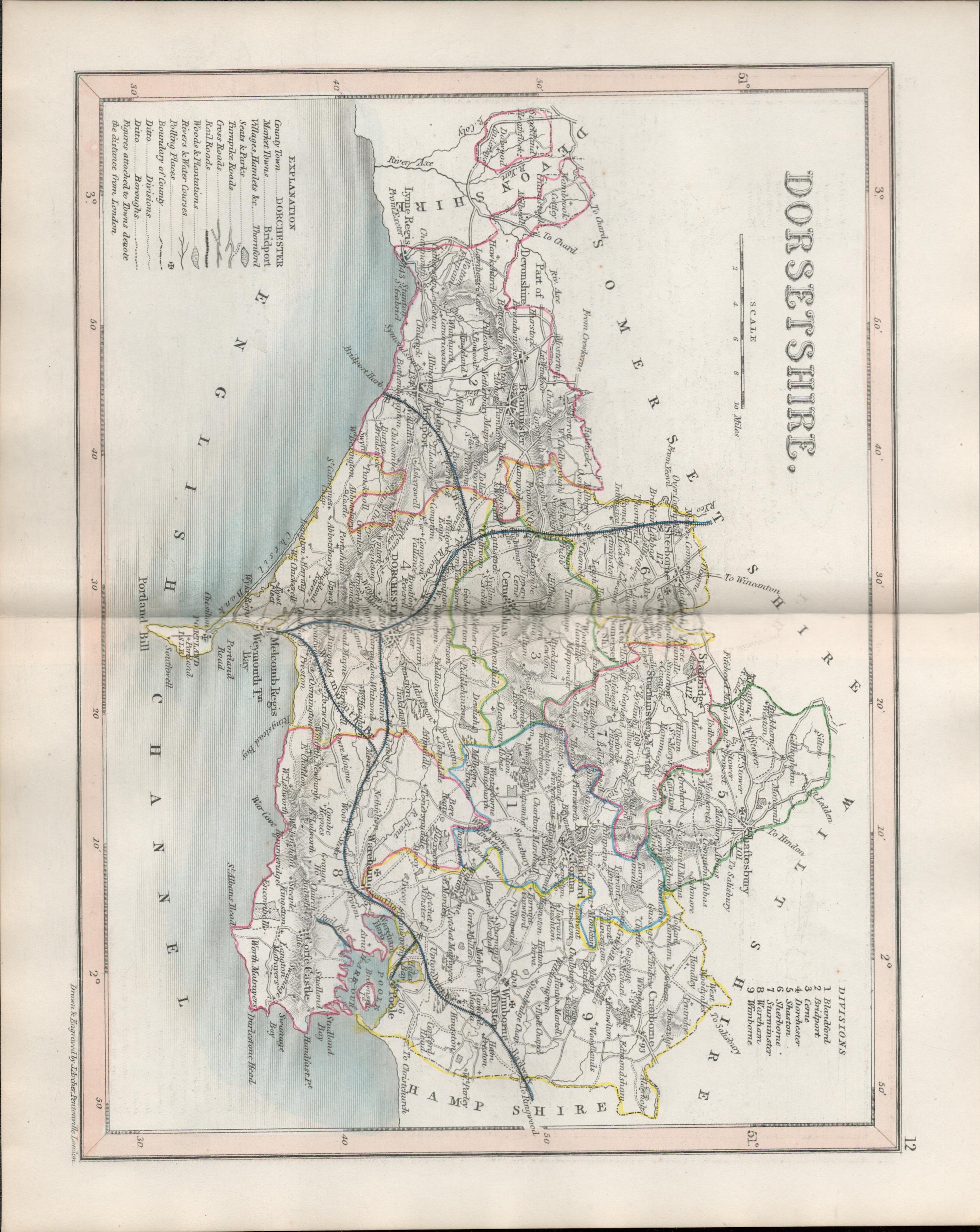 Dorsetshire 1850 Antique Steel Engraved Map Thomas Dugdale.