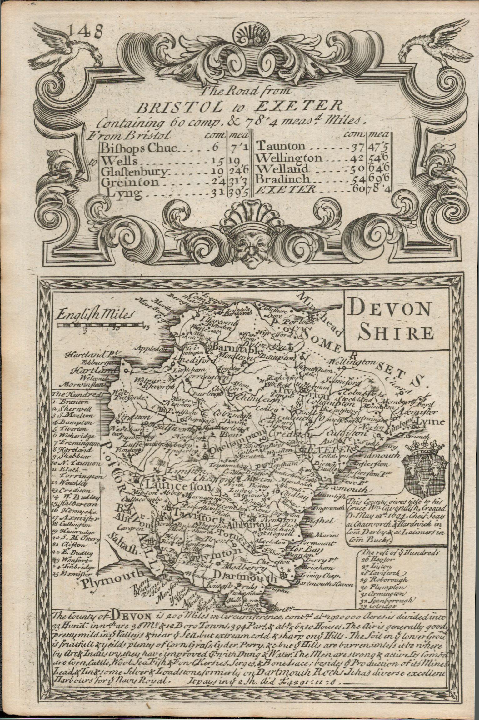 Britannia Depicta E Bowen c1730 Map Devon Tavistock Dartmouth Exmouth Etc.