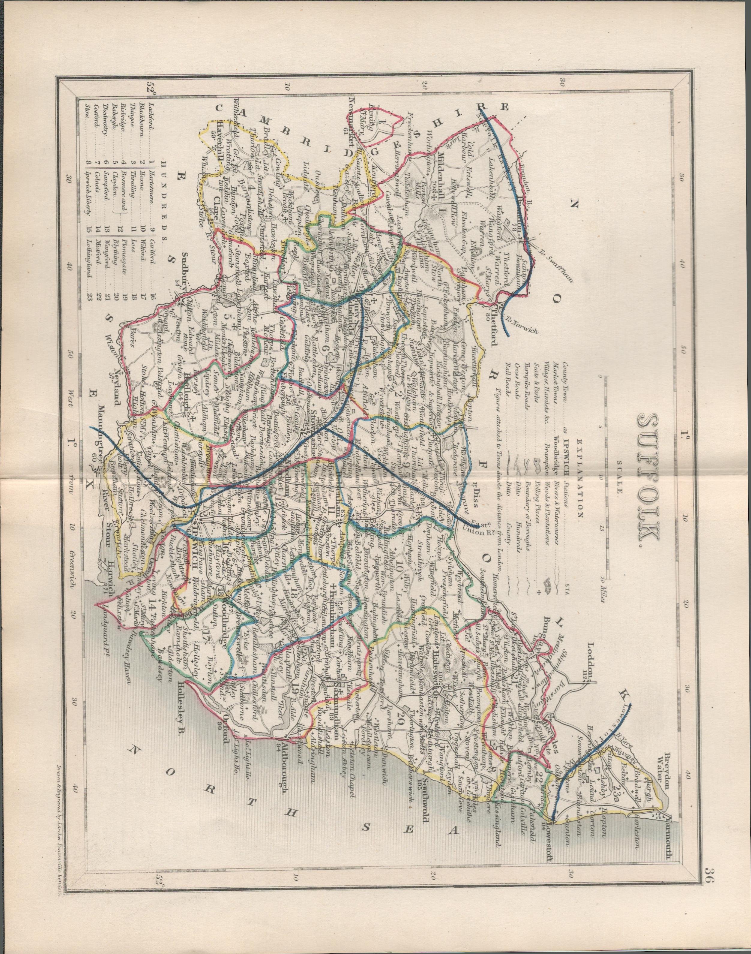 Suffolk 1850 Antique Steel Engraved Map Thomas Dugdale.