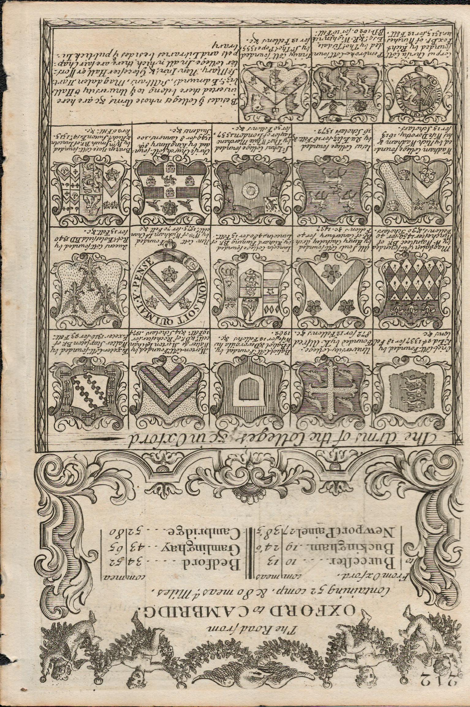 Britannia Depicta E Bowen c1730 Map The 18 Arms of Oxford University.