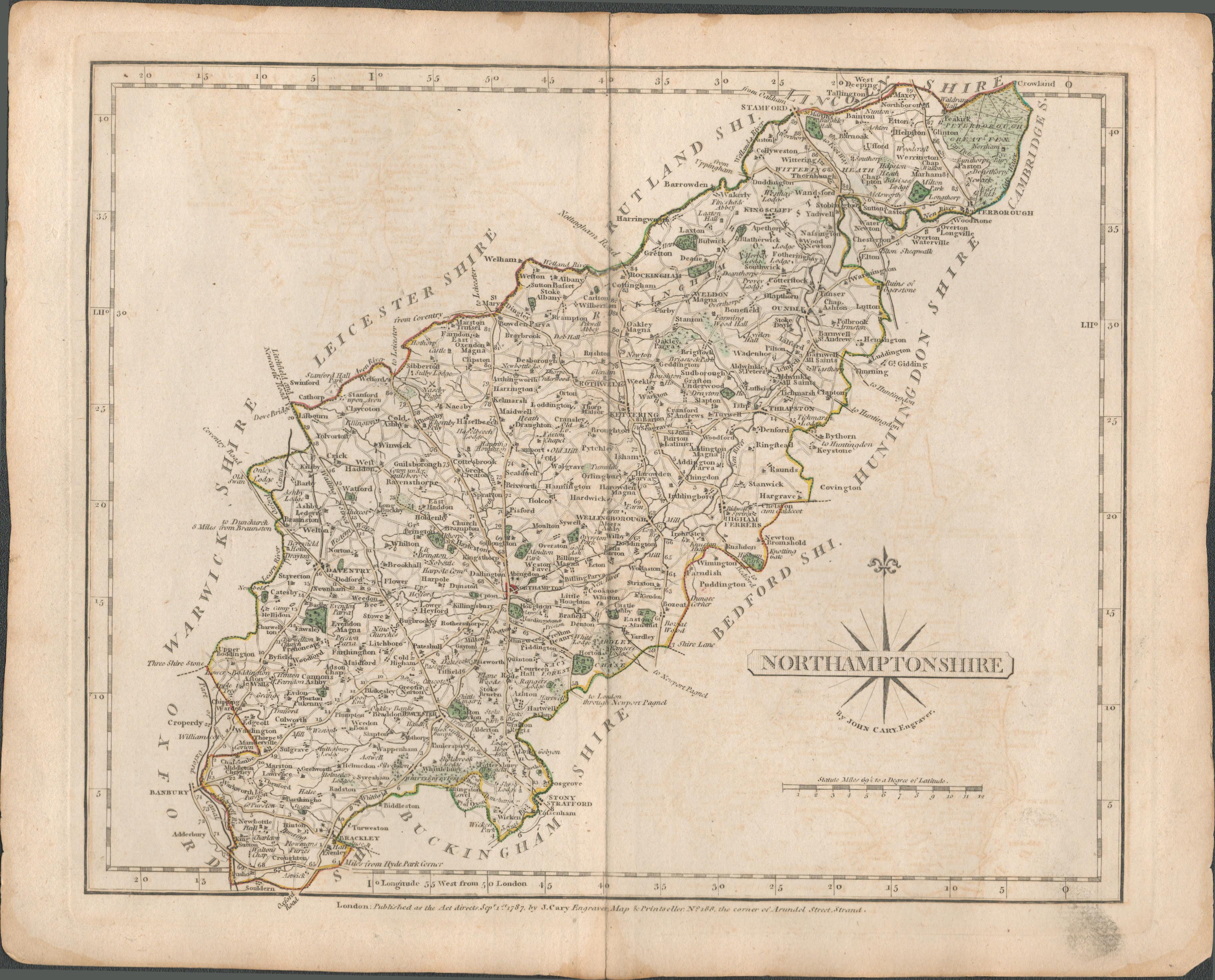 Northamptonshire John Cary’s 1787 Antique Hand Coloured Map.