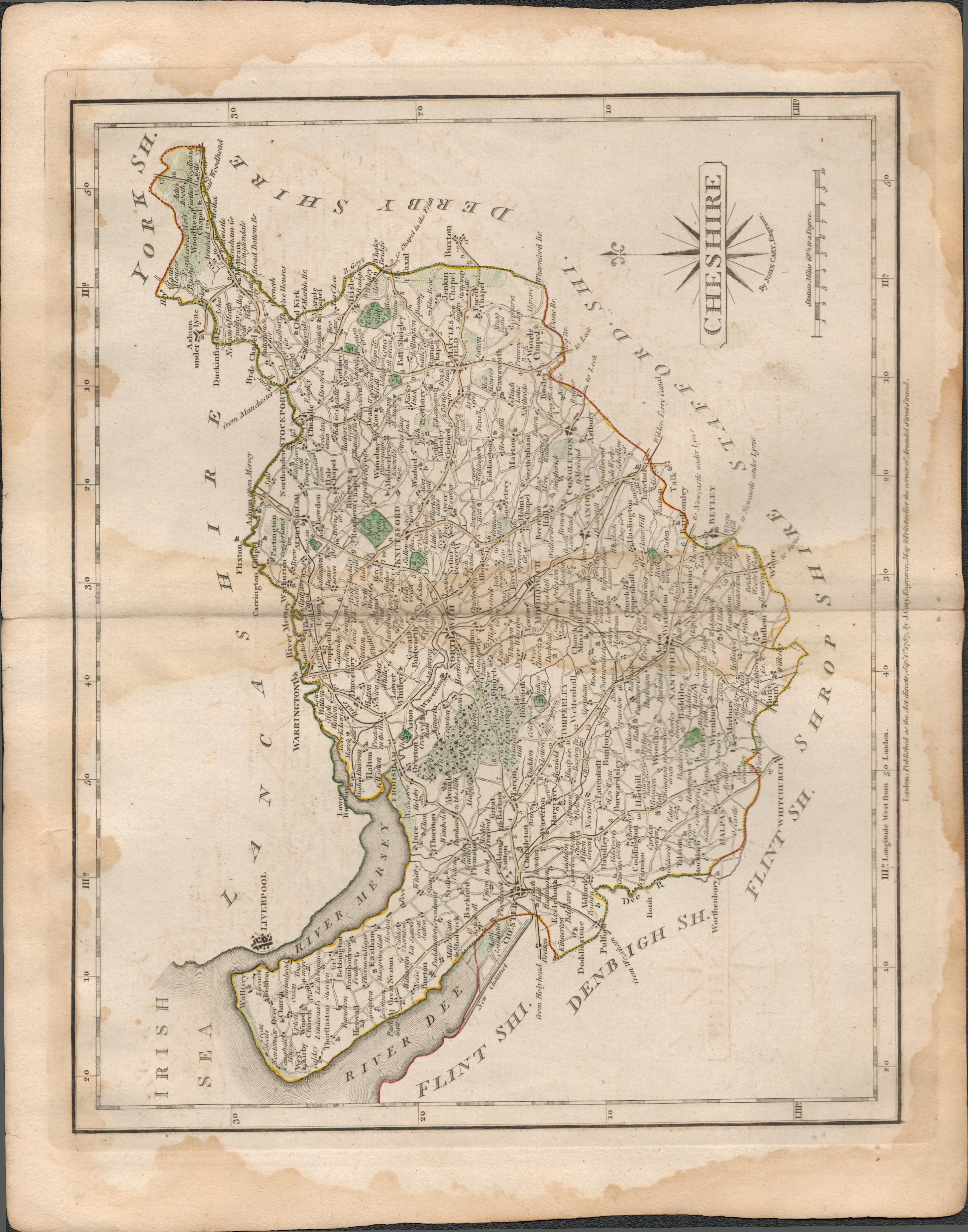 County of Cheshire John Cary 1787 Antique Hand Coloured Map.