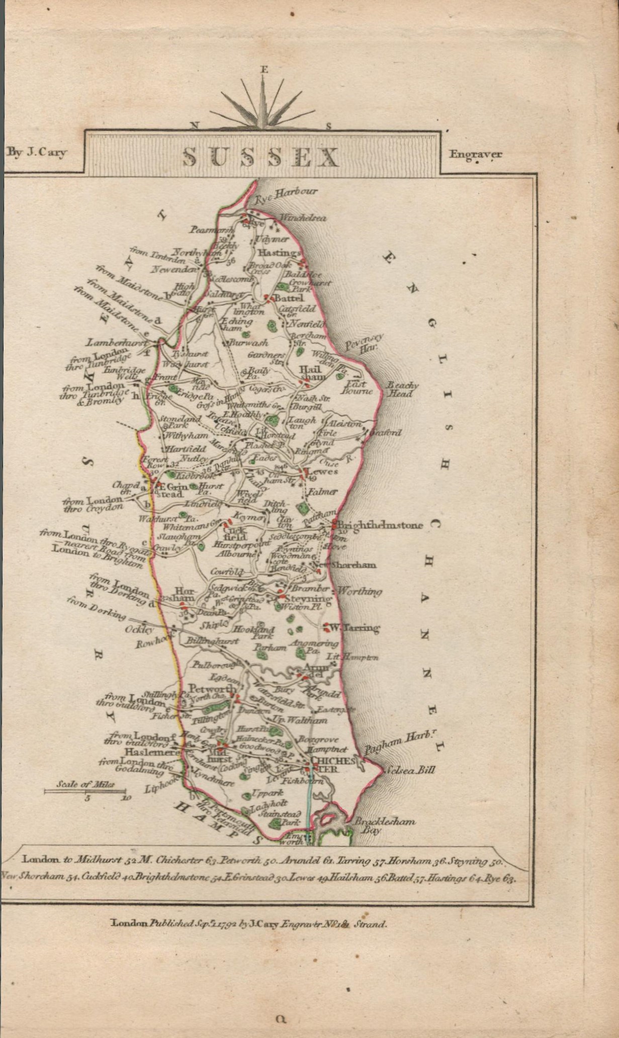 John Cary’s 1791 Antique Copper Engraved Map Sussex & Warwickshire. - Image 2 of 2