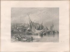 Brixham Harbour Antique 1842 Steel Engraving.