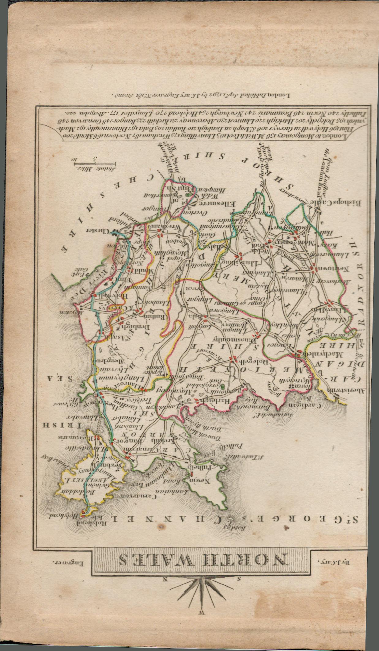 John Cary’s 1791 Antique Copper Engraved Map North & South Wales. - Image 2 of 2