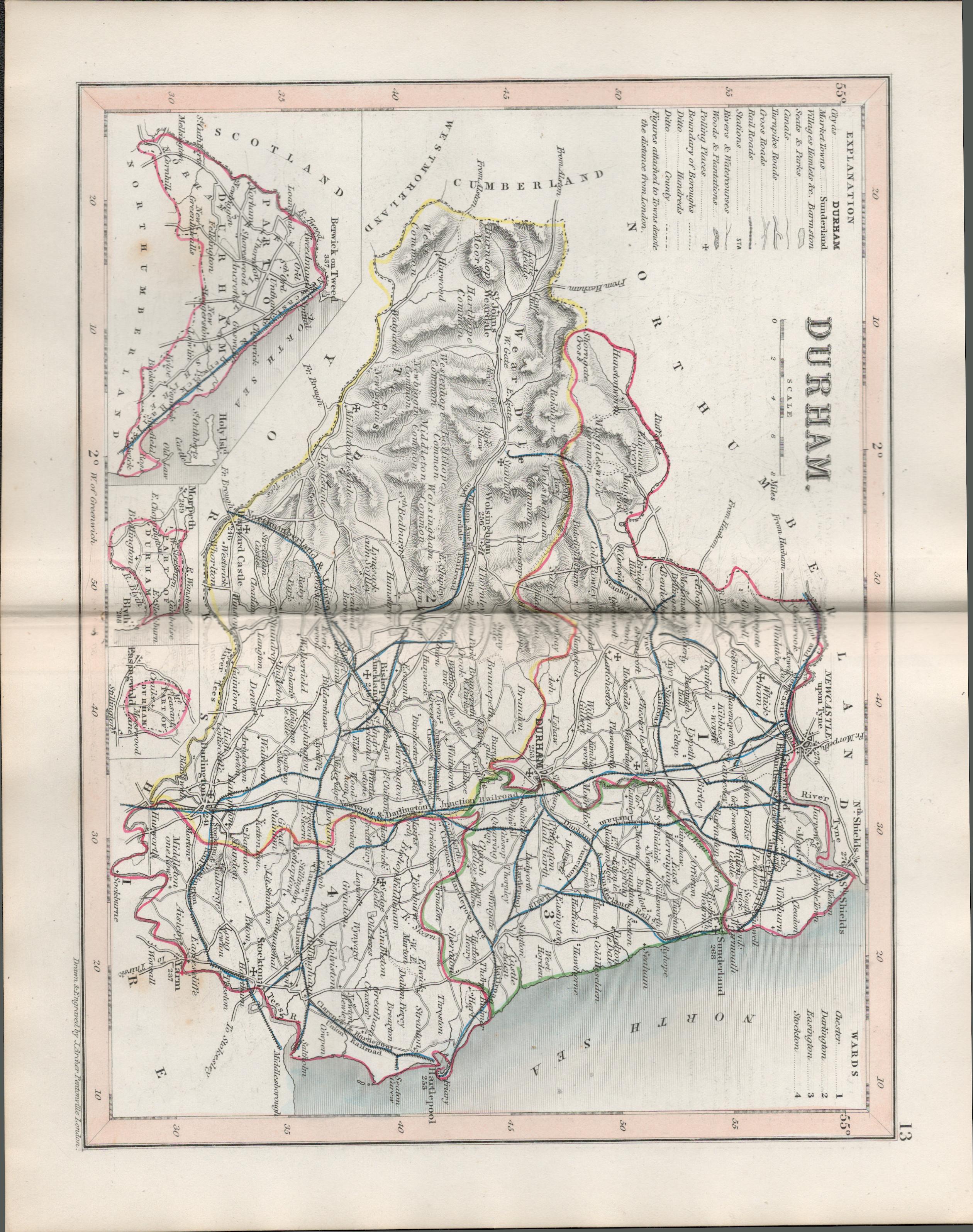 Durham 1850 Antique Steel Engraved Map Thomas Dugdale.