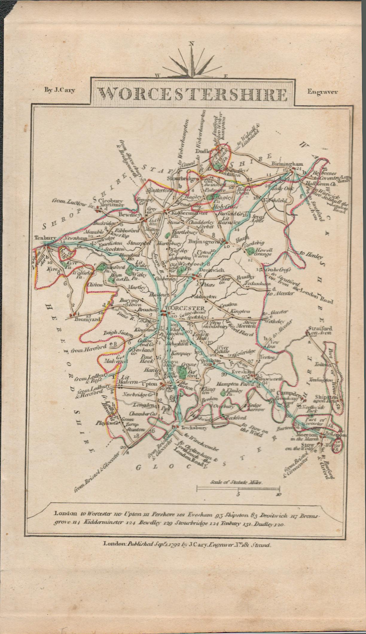 John Cary’s 1791 Rare Antique Copper Engraved Map Worcestershire