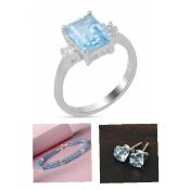 New! Silver Sky Blue Topaz & Natural Cambodian Zircon Ring, Earrings & Bracelet