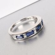 New! 9K White Gold Natural Burmese Blue Sapphire and Diamond Band Ring