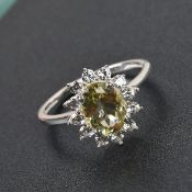 New! Lemon Quartz and Natural Cambodian Zircon Halo Ring in Sterling Silver