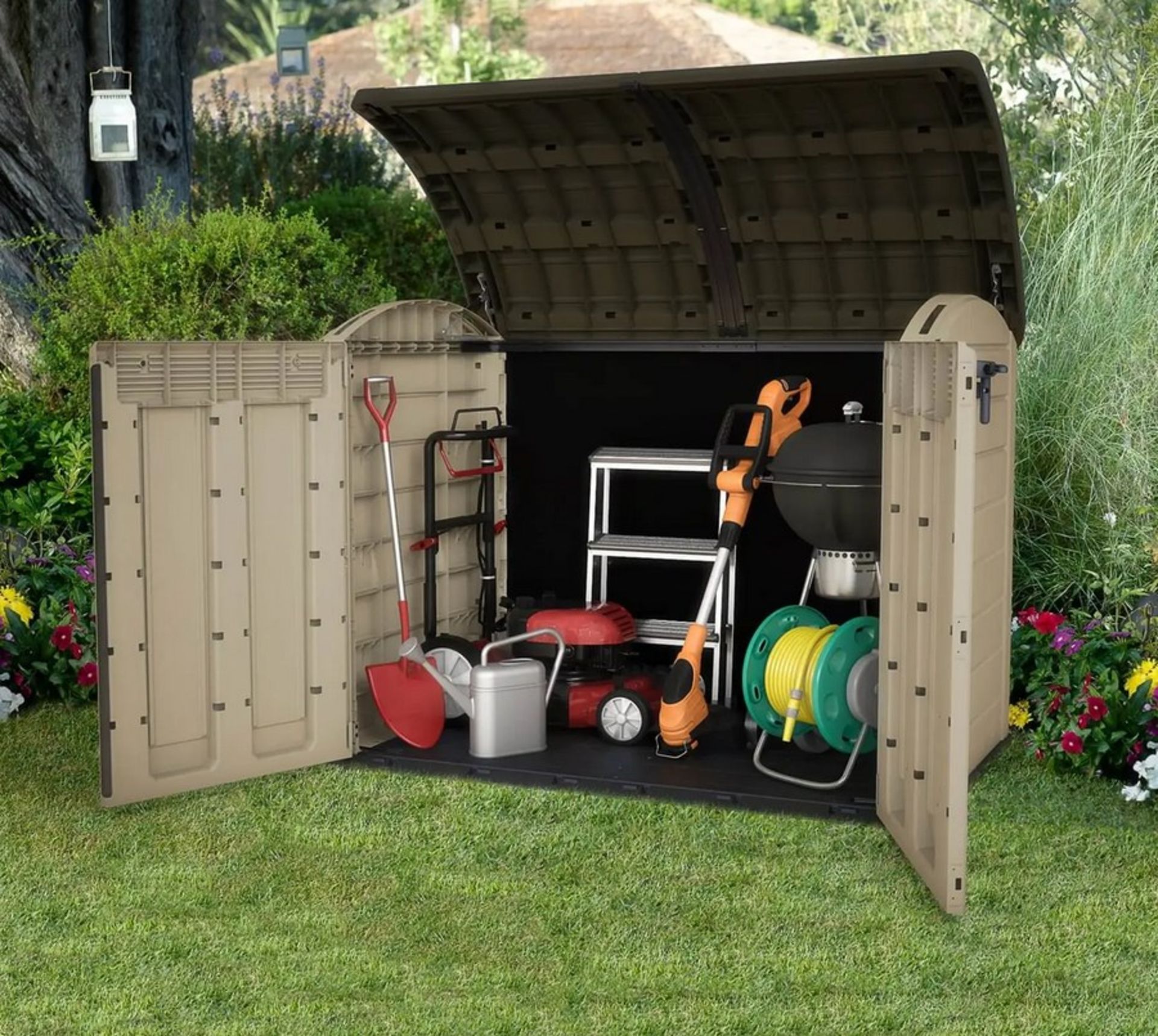 (21/Mez/P11) RRP £395. Keter Store It Out Ultra Outdoor Garden Shed Black/Beige. 2000L Capacity....