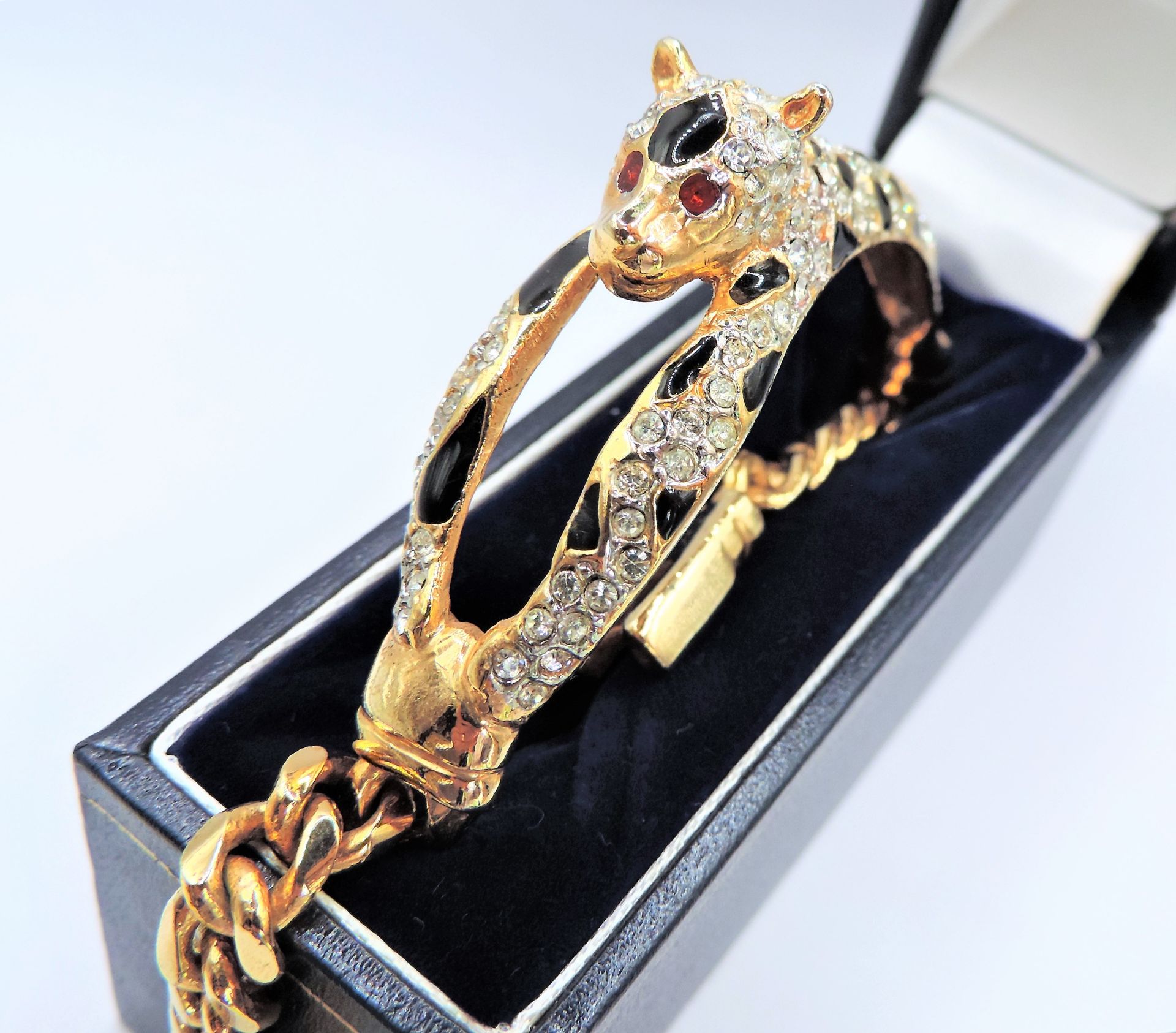 Vintage Gold Plated Enamel Crystal Panther Bracelet Bangle - Image 6 of 9