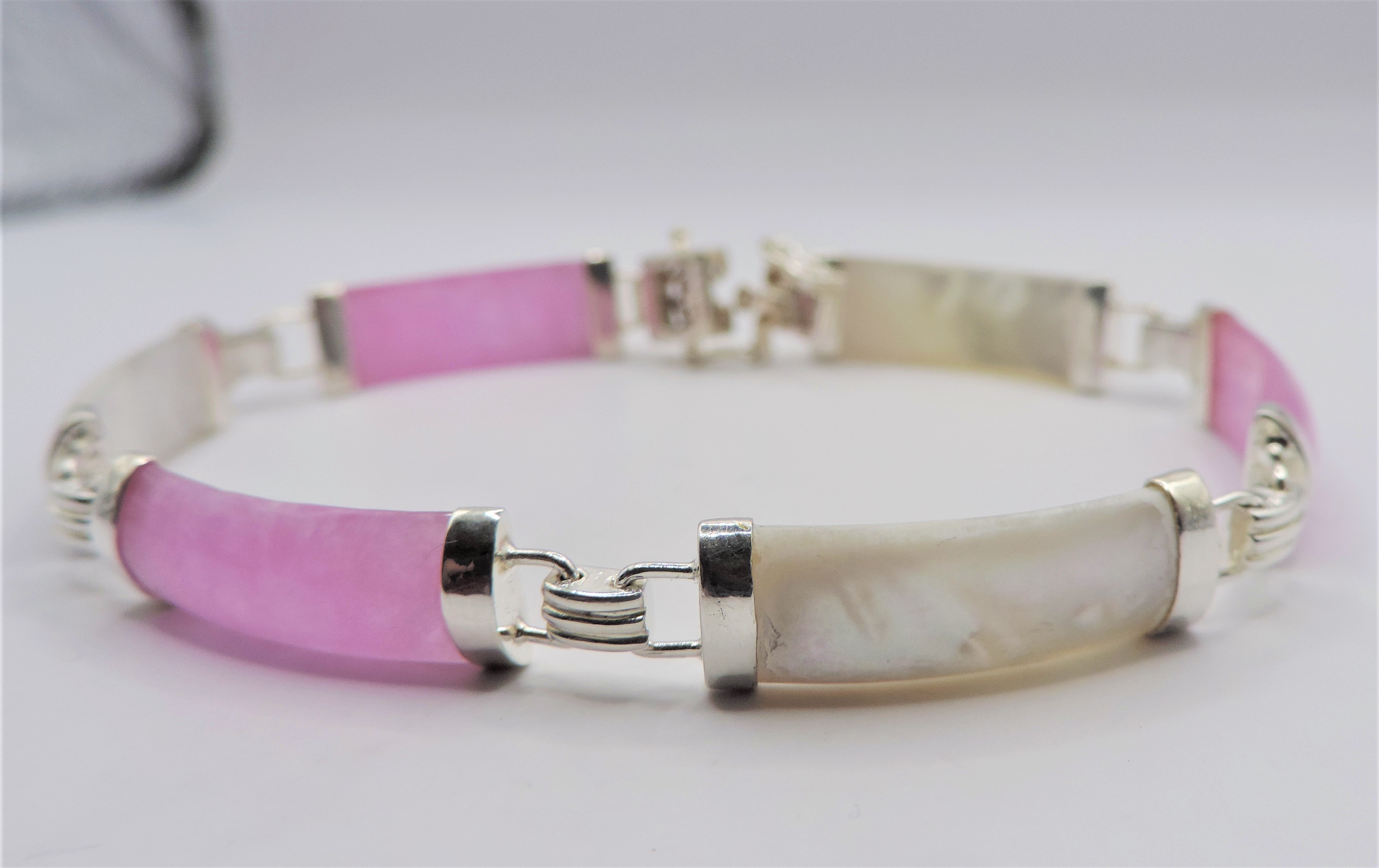 Vintage 925 Silver Pink Jade & Mother of Pearl Chinese Bracelet c. 1970's - Bild 3 aus 6