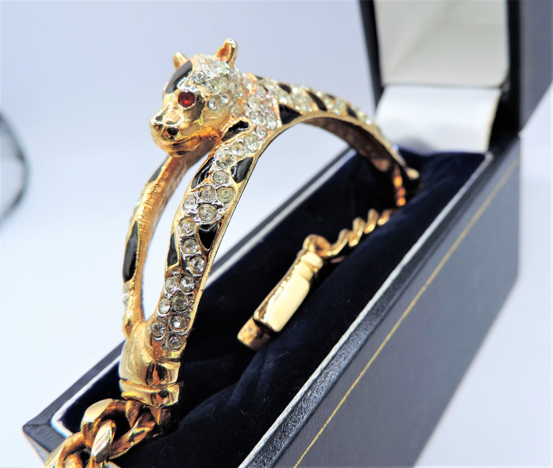 Vintage Gold Plated Enamel Crystal Panther Bracelet Bangle - Image 7 of 9