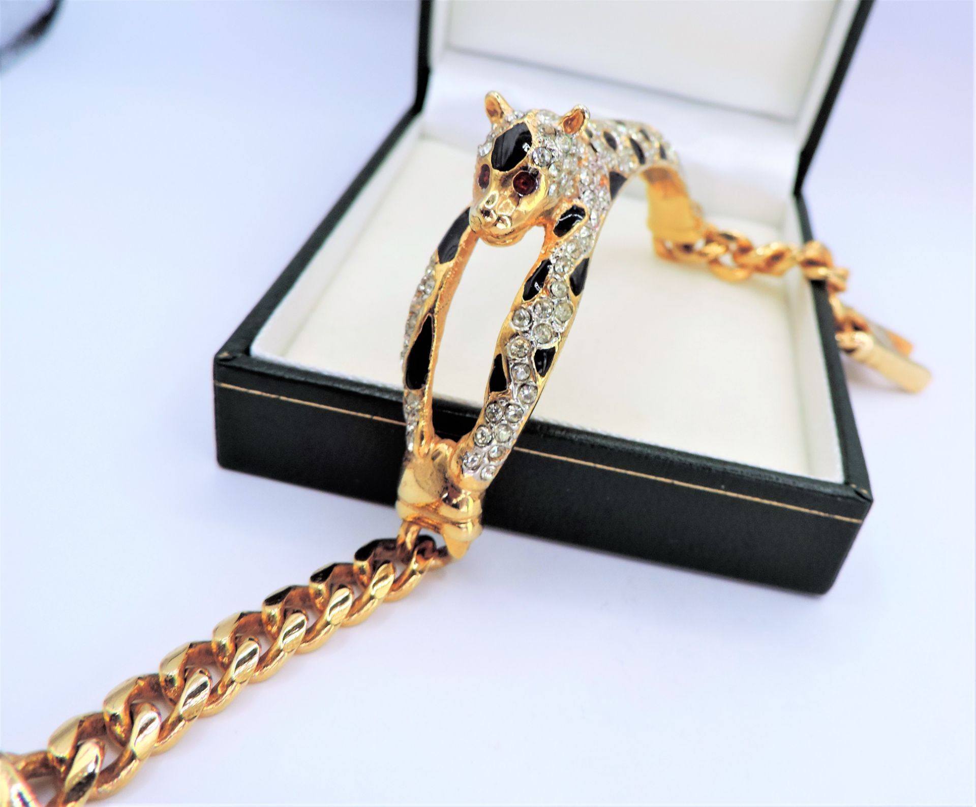 Vintage Gold Plated Enamel Crystal Panther Bracelet Bangle - Image 2 of 9