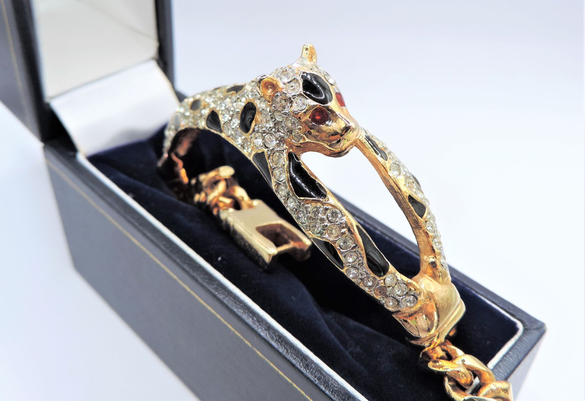 Vintage Gold Plated Enamel Crystal Panther Bracelet Bangle - Image 3 of 9