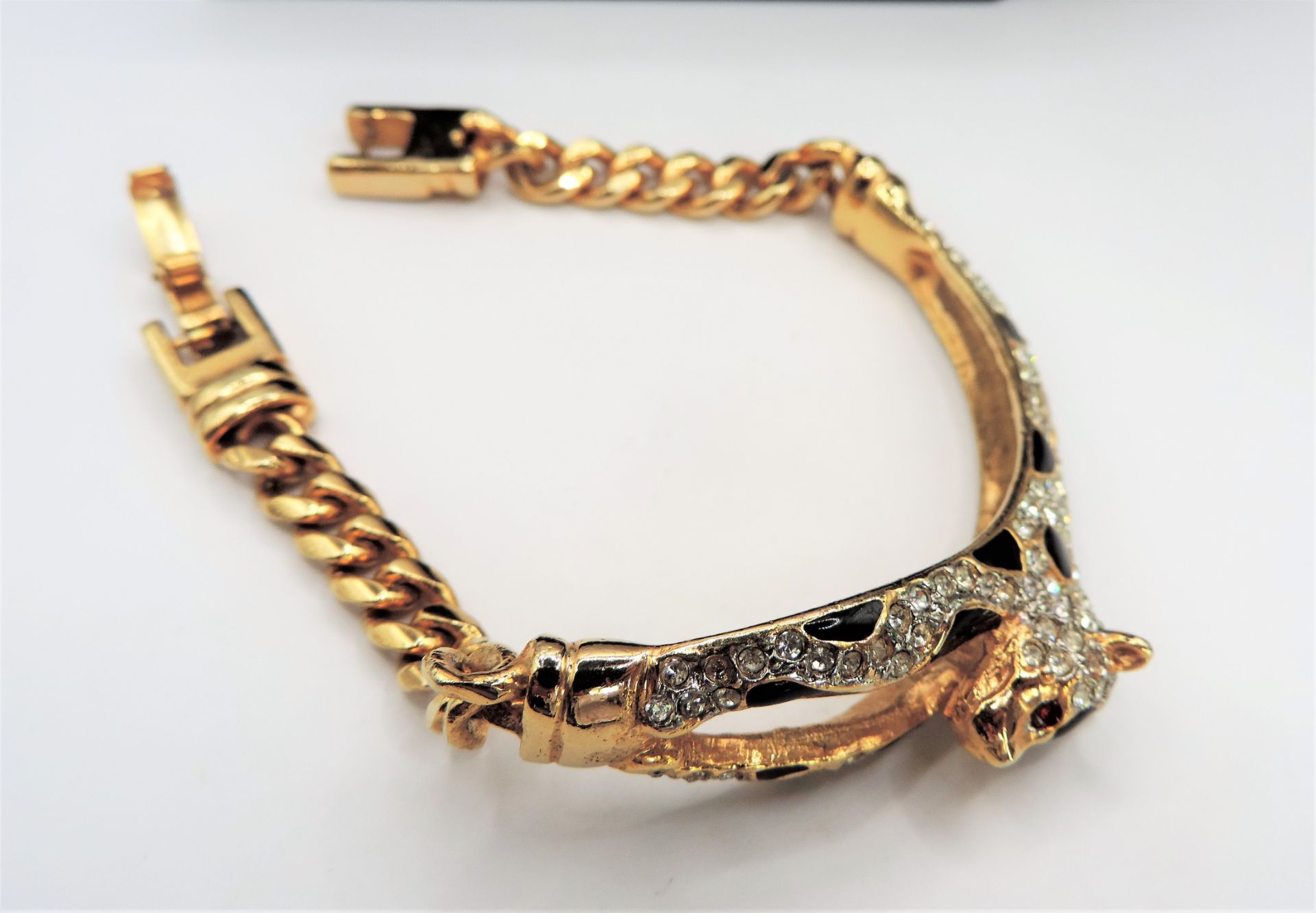 Vintage Gold Plated Enamel Crystal Panther Bracelet Bangle - Image 9 of 9