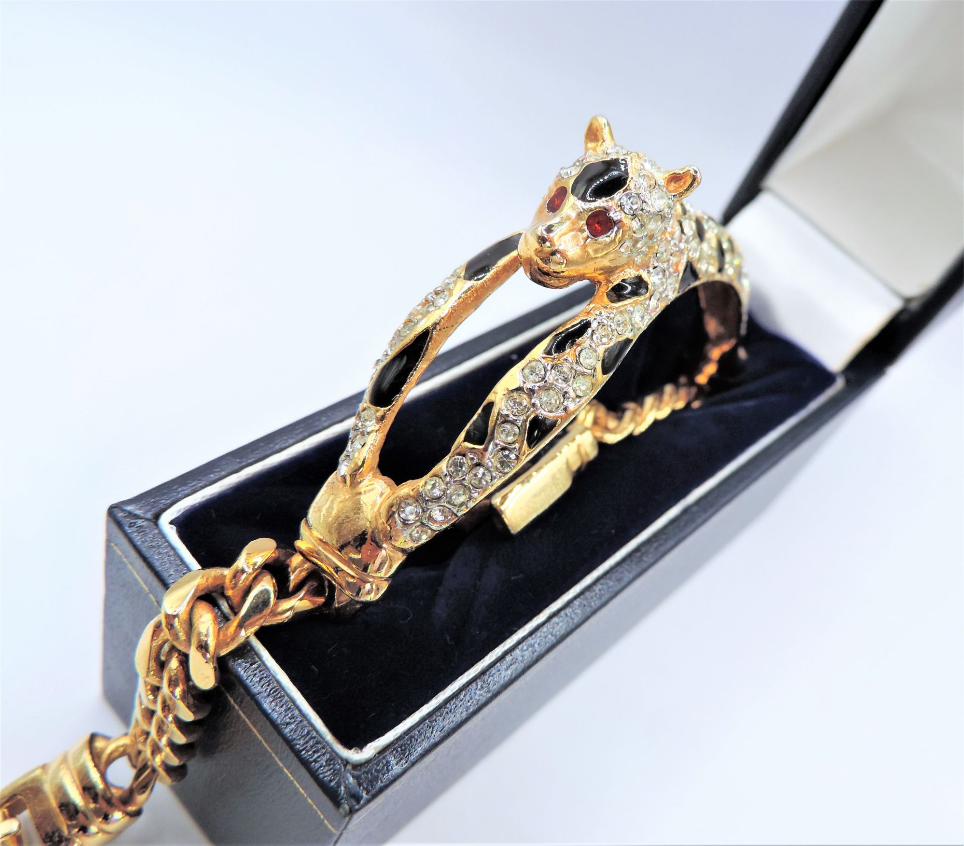 Vintage Gold Plated Enamel Crystal Panther Bracelet Bangle - Image 5 of 9