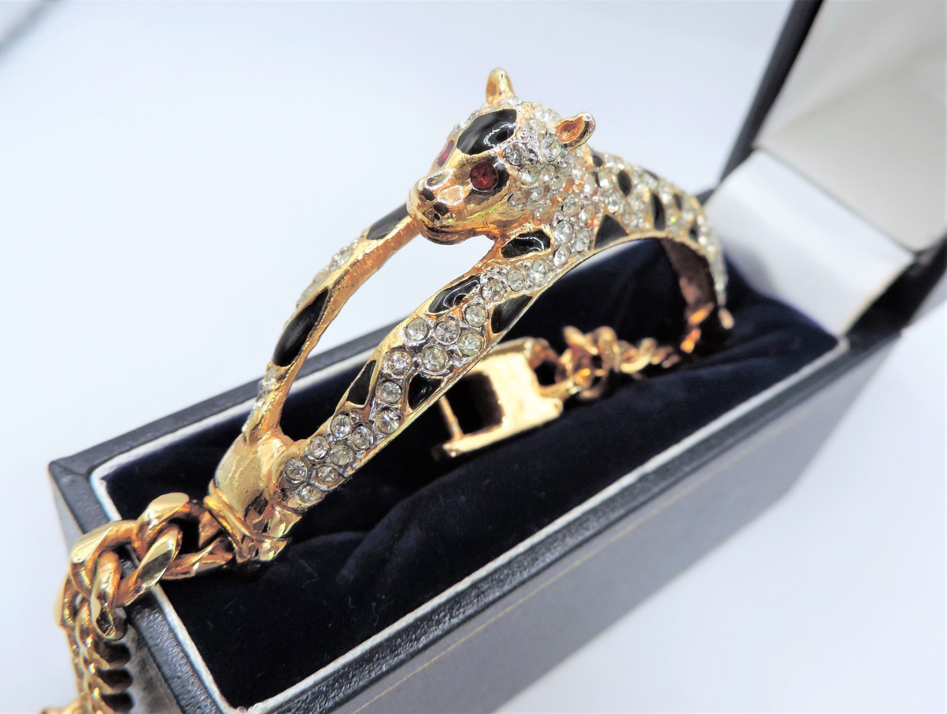 Vintage Gold Plated Enamel Crystal Panther Bracelet Bangle - Image 4 of 9