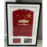 Manchester United legends shirt display signed by ‘Charlton’, ‘Irwin’ and ‘Robson’, framed with C...