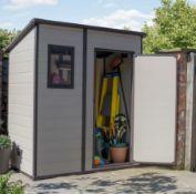 (69/Mez/P4) RRP £445. Keter Pent 6x4ft Outdoor Garden Storage Shed Beige/Brown. Elegant Wood Affe...