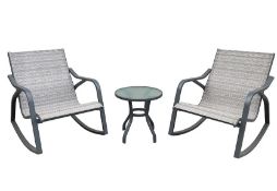 (101/5M) RRP £190. Andorra Tea For Two Grey. Chairs: (H85.5x W66x D85.5cm). Table: H46x Dia 46cm)...