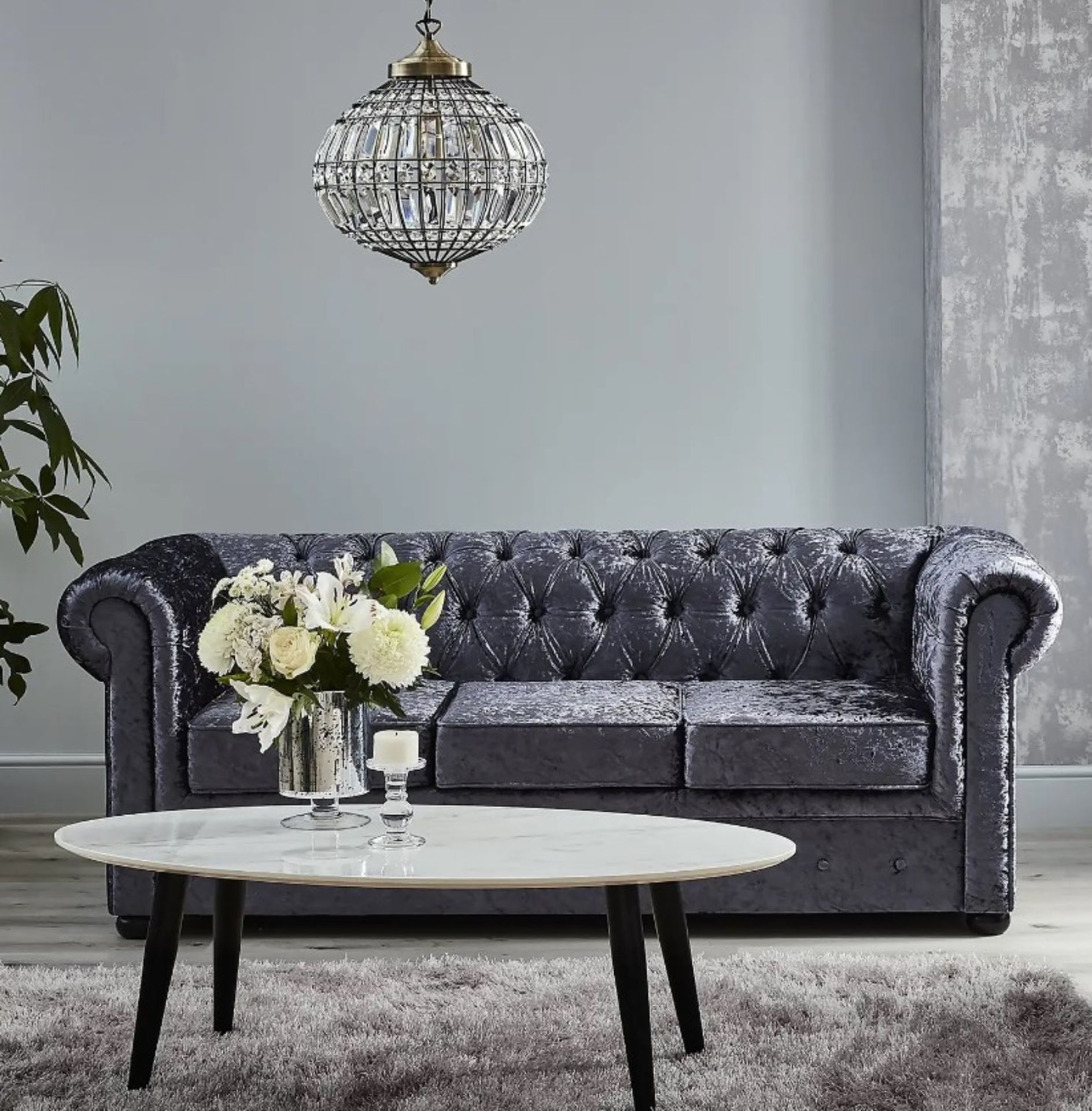 (4/Mez/P) RRP £625. Chesterfield Crushed Velvet 3 Seater Sofa Petrol Blue. (H750x D850x W2000mm)....