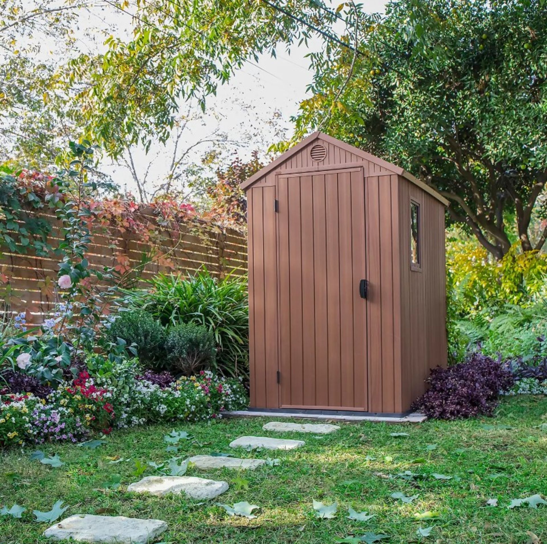 (8/Mez/P) RRP £385. Keter Darwin 4x6 Outdoor Garden Apex Shed Brown