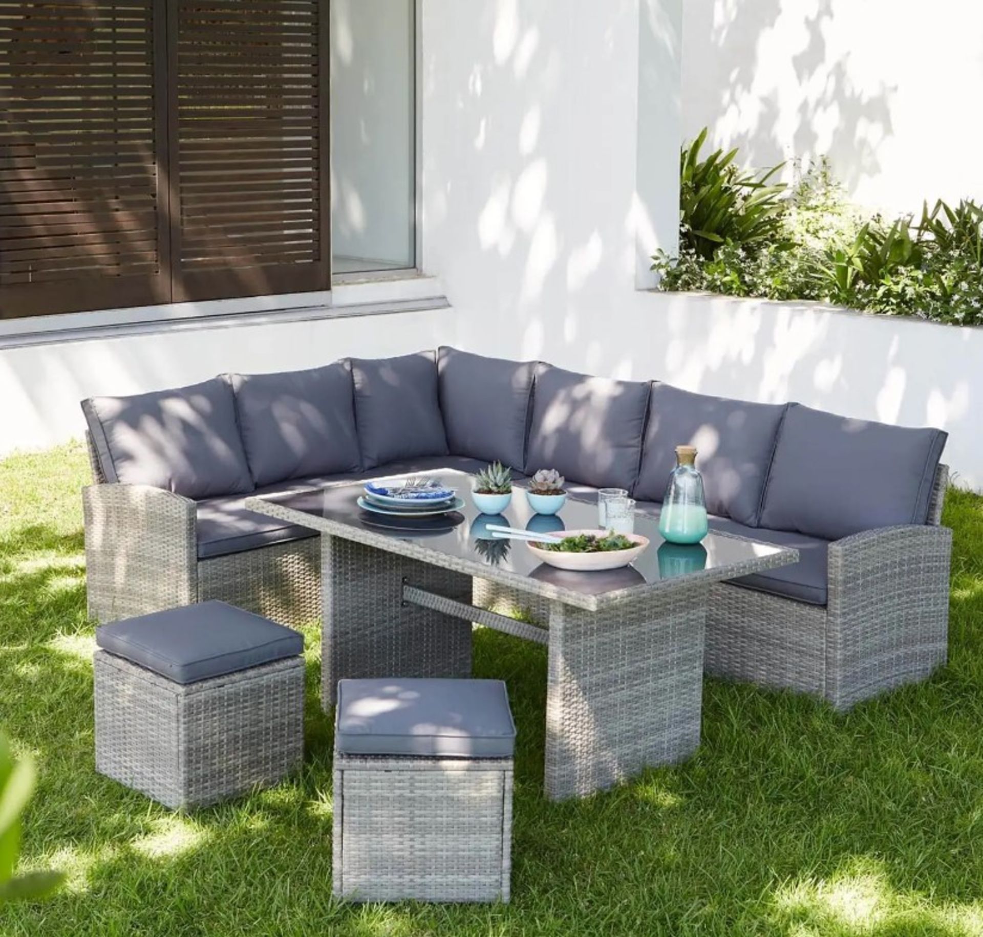 (3/Mez/P) RRP £850. Matara Grey Rattan Corner Sofa Dining Set. (Contents Appear Clean, Unused). I...