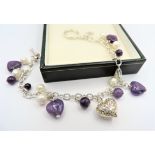 Sterling Silver Cultured Pearl & Amethyst Bead Charm Bracelet with Gift Box