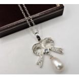 Sterling Silver Cubic Zirconia & Cultured Pearl Pendant Necklace New with Gift Pouch
